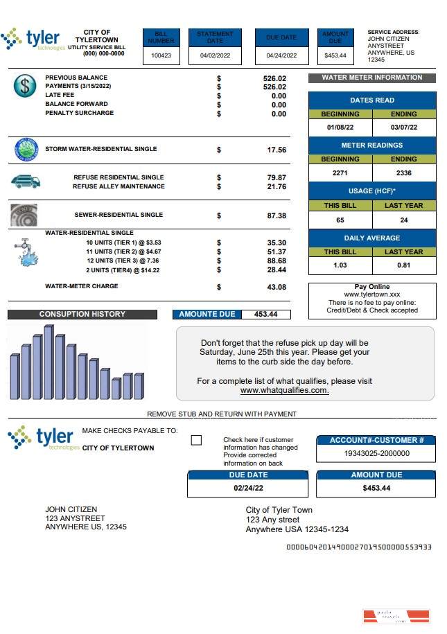 USA Tyler Technologies utility bill template in Word and PDF format